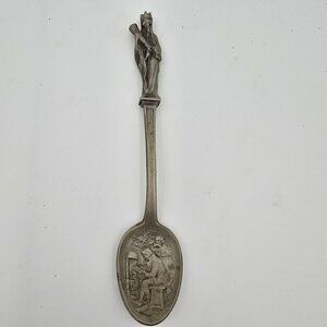 Antique Pewter Spoon Medieval Theme Relief Design Historic Motif Marked Nathan